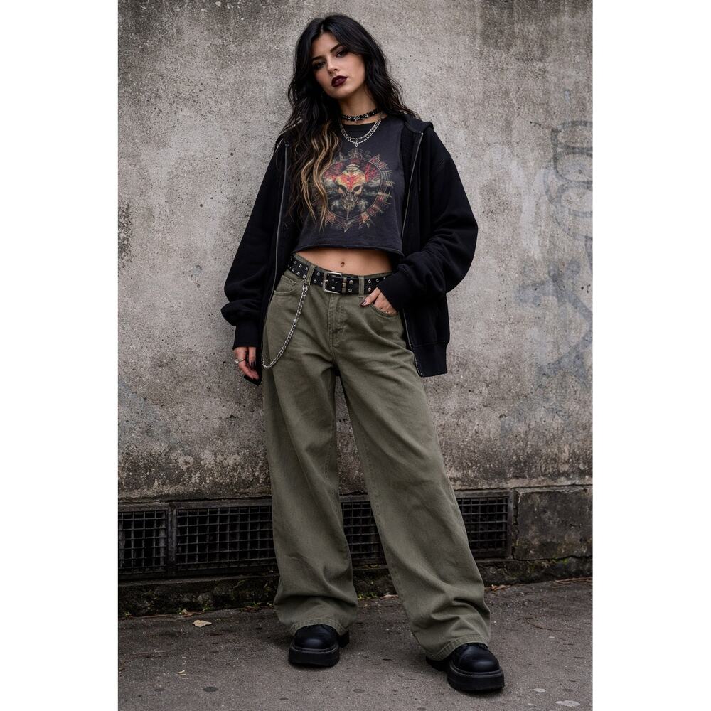 American Eagle Jeans Women High Rise Baggy Wide Leg Olive Grunge Skater Denim 6R
